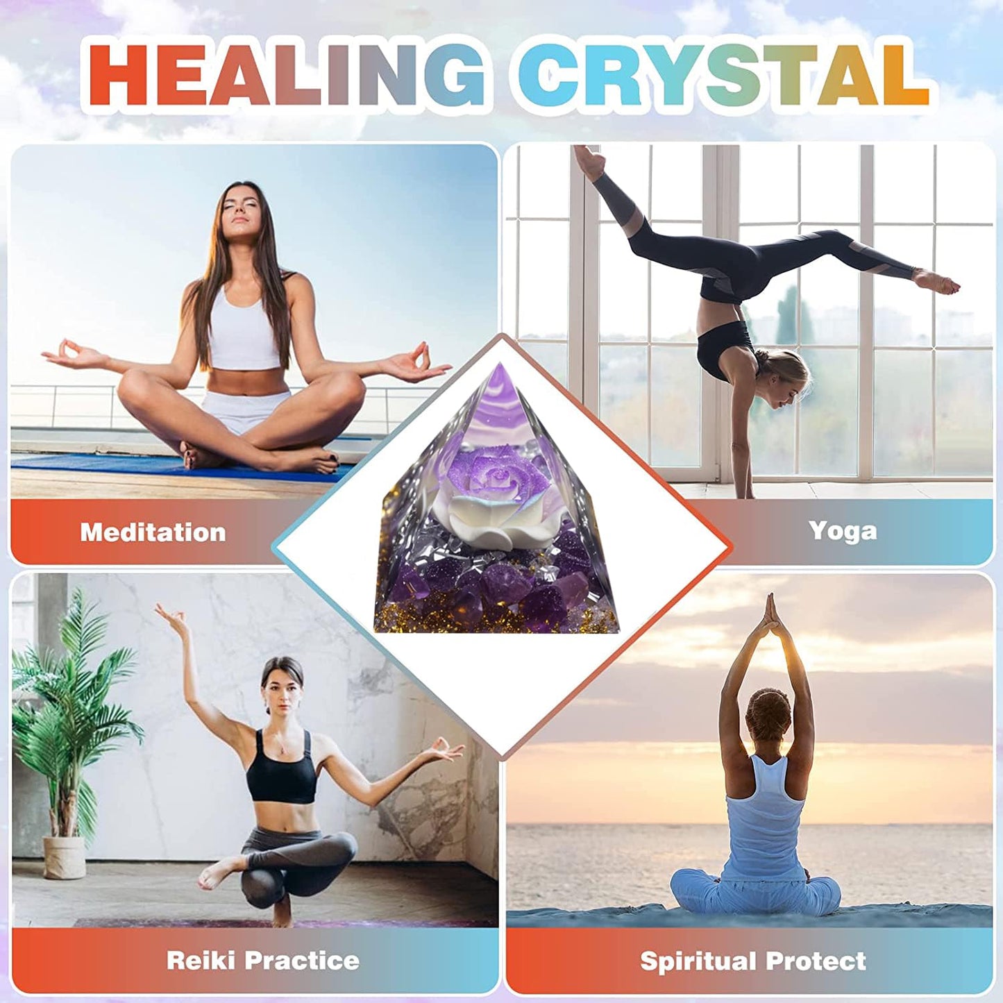 Crystal Ogan Pyramid for Positive Energy, Orgonite Amethyst Stones Crystals Pyramid Chakra Reiki Meditation Attracts Lucky and Success (Purple-Blue&Amethyst)