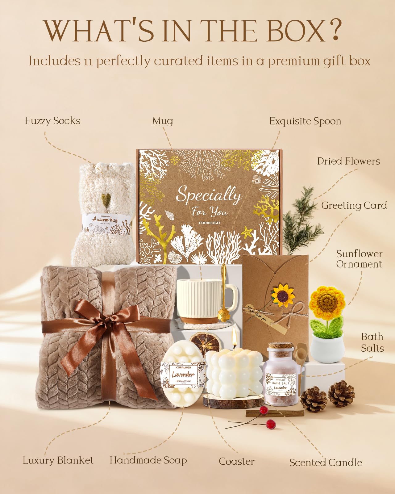 Coralogo Spa Gift Baskets for Women - Mothers Day Gift Basket, Get Well Soon, Self Care, Relaxing Sunflower Package, 11pcs Spa Sets with Blanket, Luxury Gifts for Her Birthday Anniversary Mothers Day
