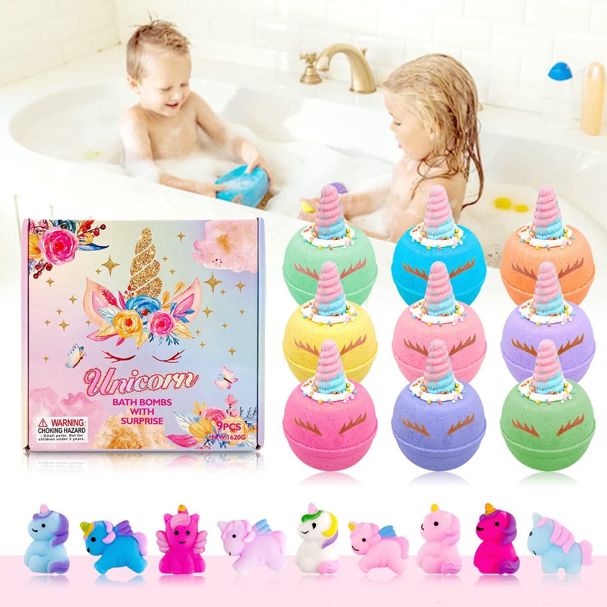 Unicorn Bath Bombs for Kids, 9 Large Kids Bath Bombs with Squishy Toys Inside, Magic Unicorn Bath Bombs with Surprise Inside for Girls…