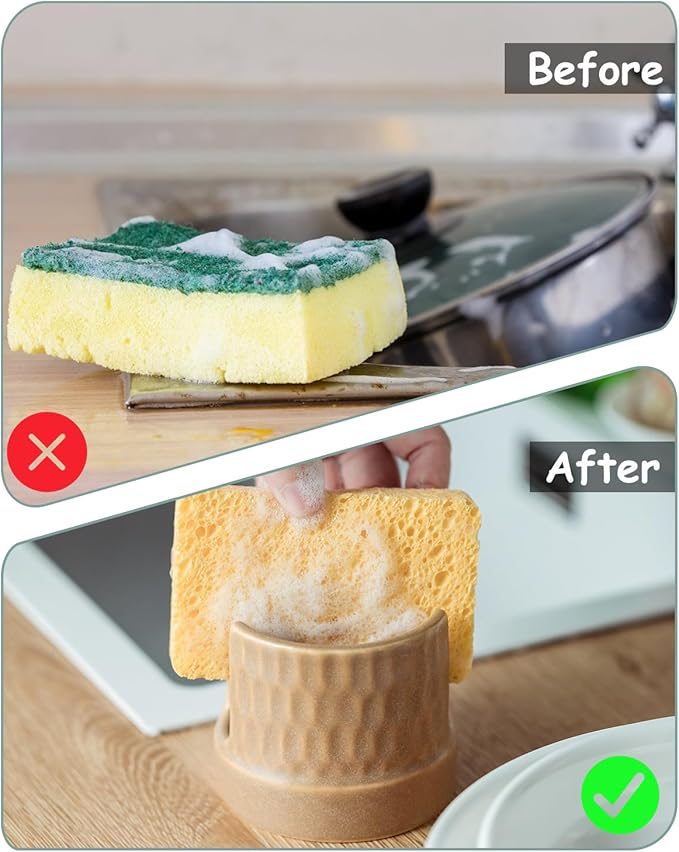 Sponge Holder for Kitchen Sink, Ceramic Sink Caddy Scrub Sponge Tray Dish Rack