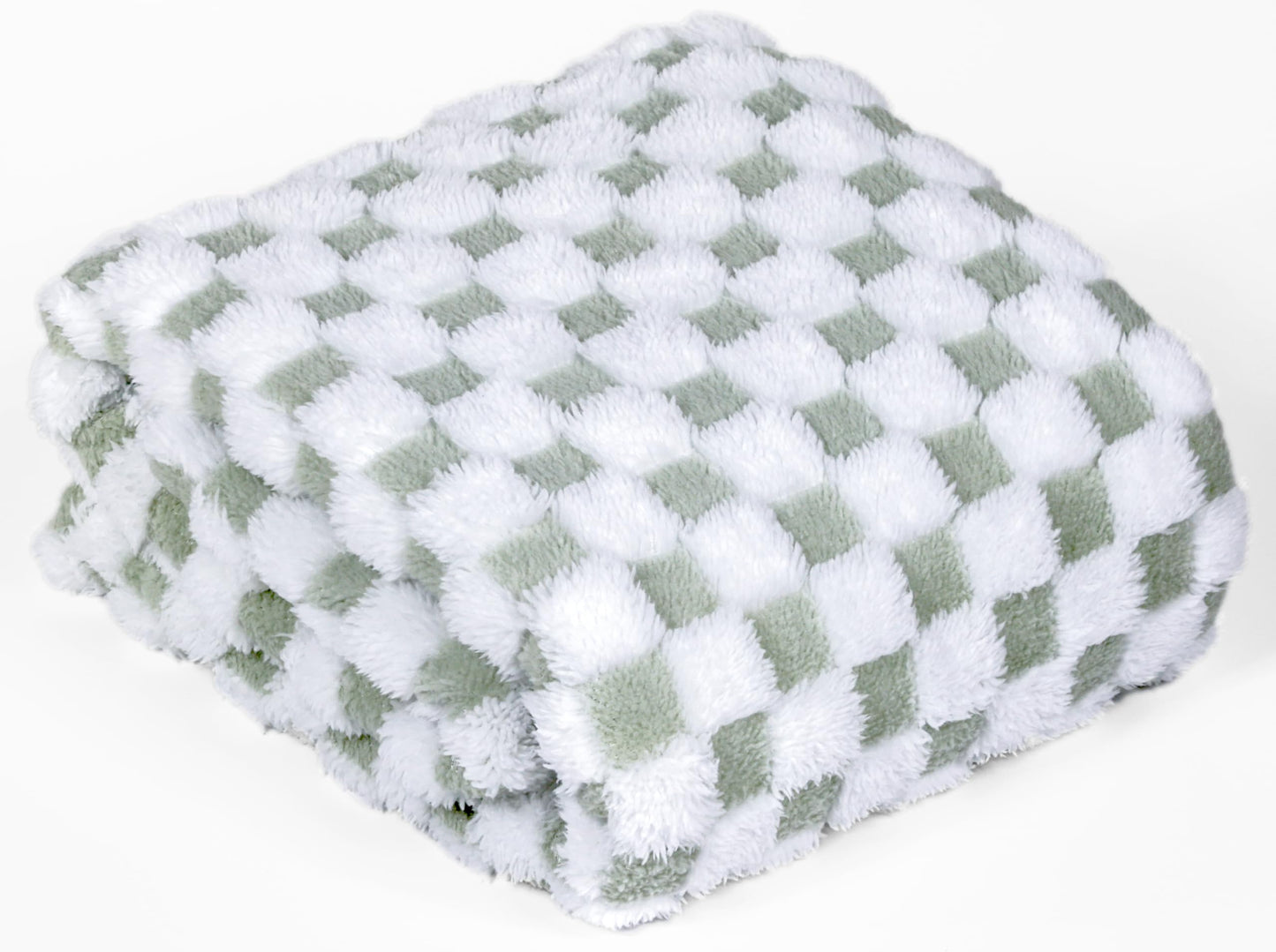 Sage Green & White Fuzzy Fun 3D Checkered Throw Blanket – Ultra Soft Shaggy Fleece for Cozy Comfort. Beautiful Gift for Women with Style 50 x 65 inches.