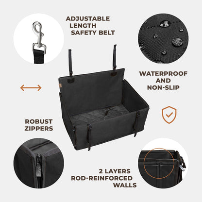 Extra Stable Dog Car Seat - Reinforced, Waterproof Pet Car Seat for Medium-Sized Dogs with 4 Fastening Straps (L Size, Black)