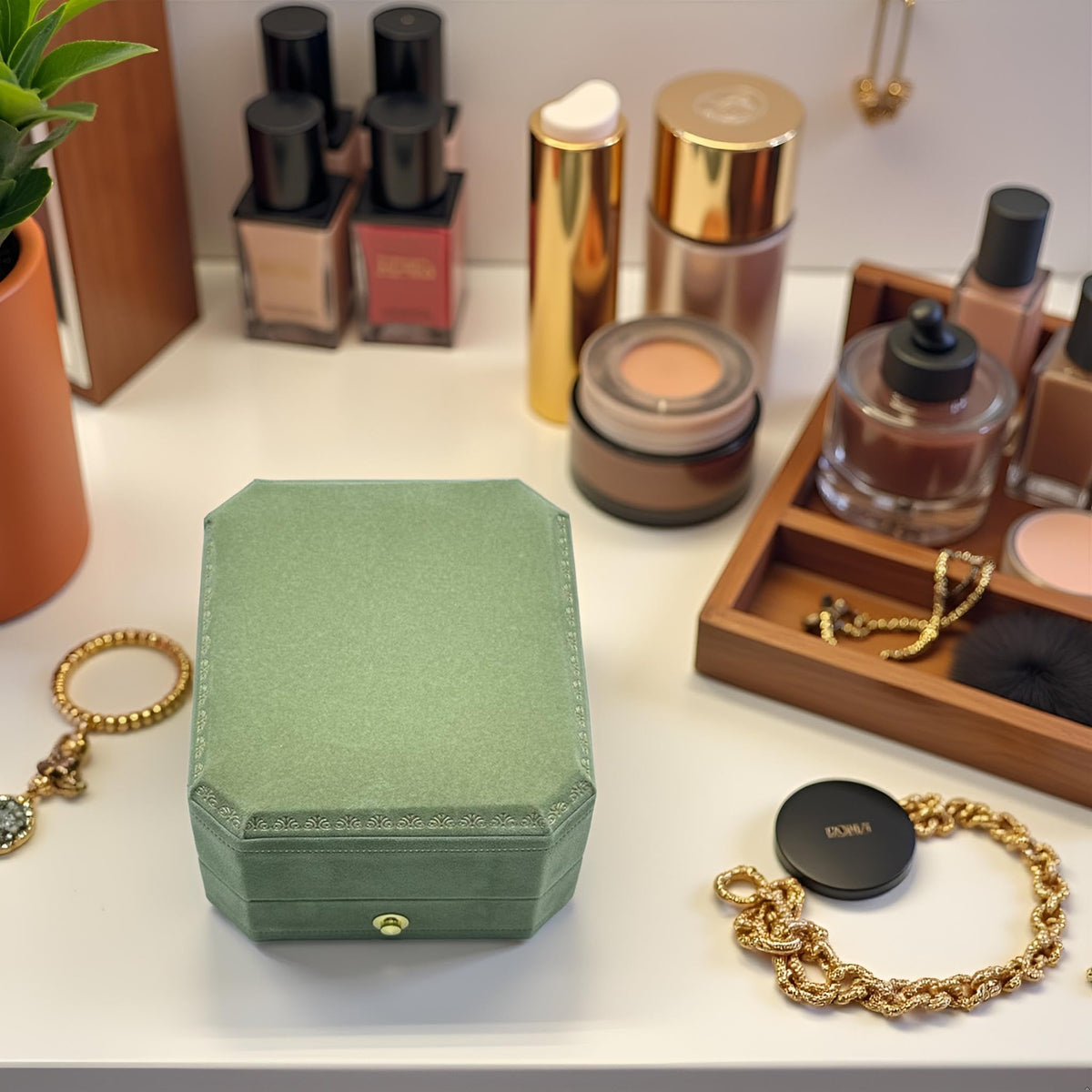 WHSLILR Velvet Necklace Box - Octagon Engagement Necklace Box with Hinged Lid for Proposal Engagement Wedding, Necklace Case Jewelry Box with Gold Lace - PRB007-Green