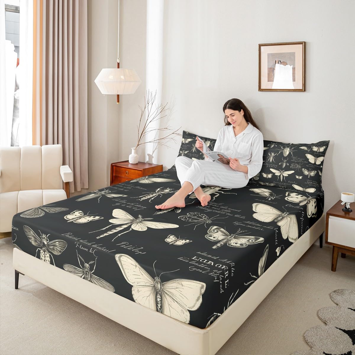 Butterfly Moth Insects Fitted Sheet Full Size,Bug Beetles Entomological Bed Sheet for Kids Boys Teens Men Bedroom Decor,Nature Animal Bedding Set Retro Black Brown Deep Pocket Sheet,2 Pillowcases