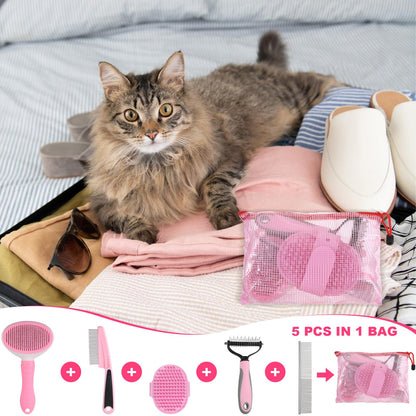 6PCS Dog Grooming Kit, Pet Grooming Kit, Deshedding Brush for Short Hair, Slicker Brush, Flea Comb, Puppy Brush Set in Pink for Dogs, Cats