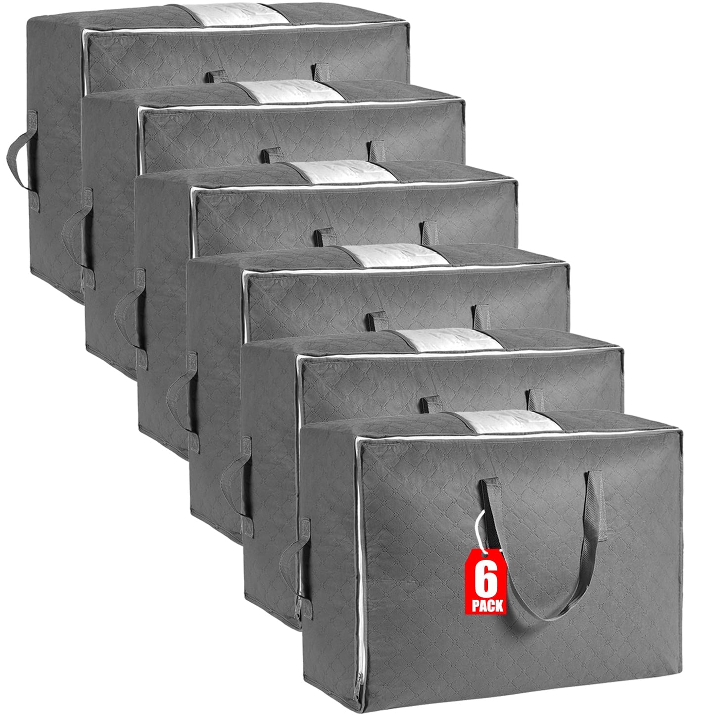 105L Extra Large Storage Bags for Blankets, King Comforters, Bedding, Clothes, Pillows, Sheets - Closet Organizers and Storage with 4 Handles & Clear Window, Foldable & Breathable (Grey, 6pack)