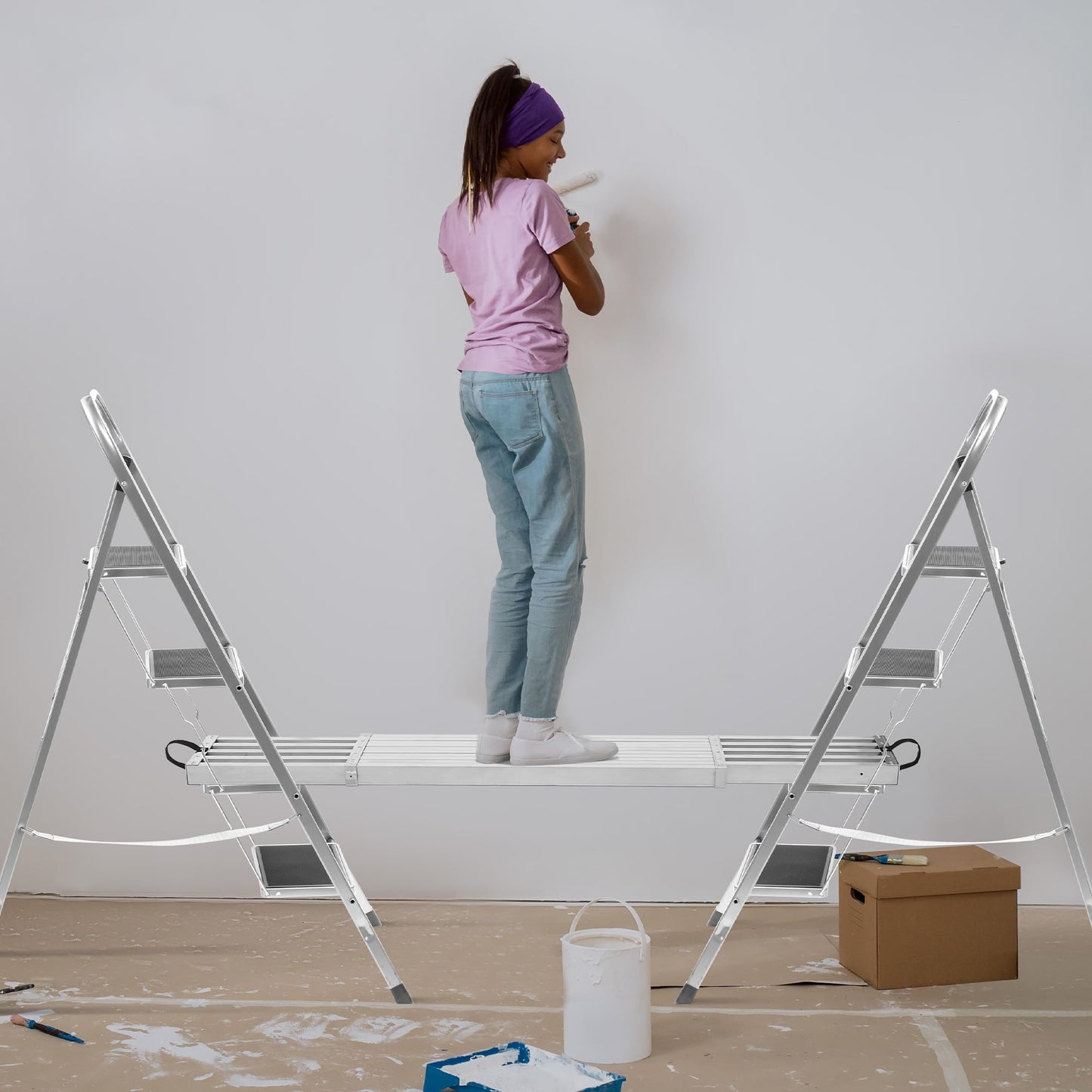 9-15FT Telescoping Scaffold Plank, 440Lb Capacity Aluminum Work Platform, 12.5" Wide Ladder Accessory with Skid-Proof Surface & Sticky Tape for Painting/Repair