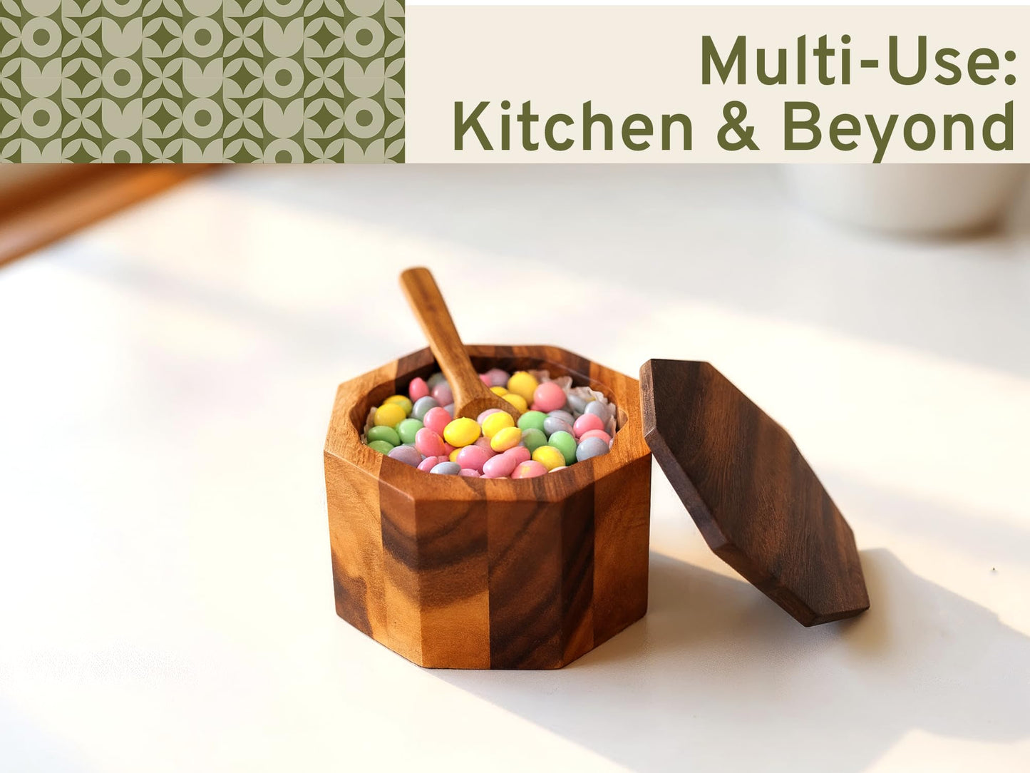 ARANYA Wooden Pepper and Salt Cellar with Lid and Spoon Set Keeper Two Compartments Spice Seasoning Wood 7oz. Container for Countertop Kitchen Storage Sea Salt Box Holder with Anti-Slip Feet Slip