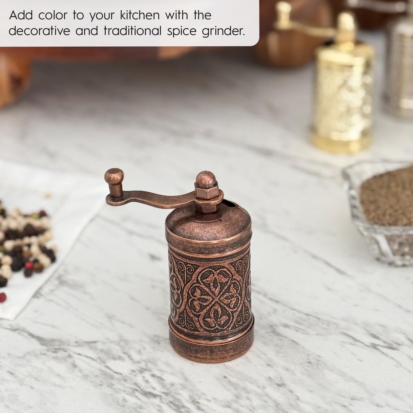 Glios Decorative Handmade Black Pepper Grinder, Refillable Turkish Spice Mill with Adjustable Coarseness, Manual Pepper Mill with Handle, Spice Grinder with Hand Crank 8 cm-3.1 inch (Bronze)