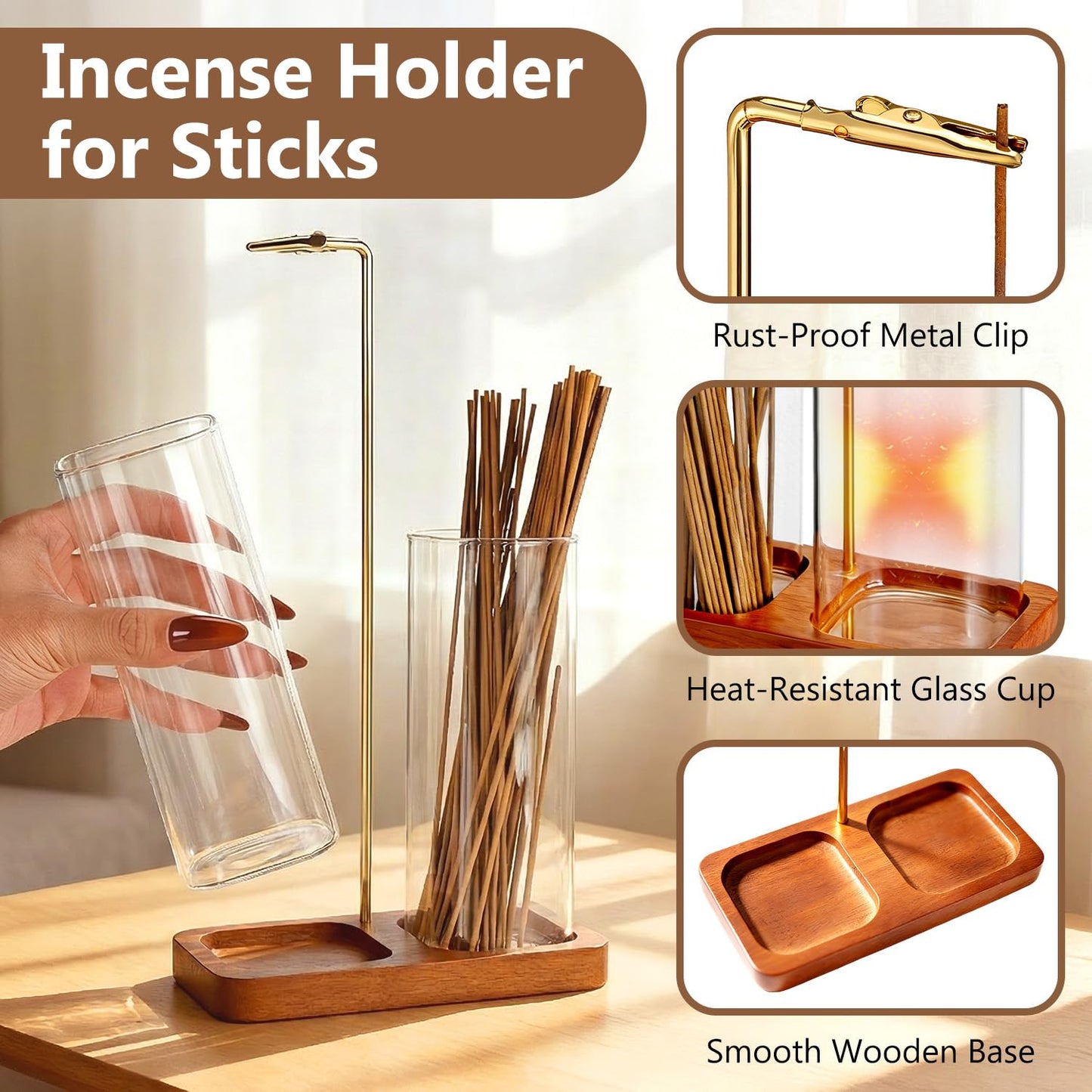 2-in-1 Incense Holder for Sticks with Dual Tall Glass Jars, Incense Burner with Glass Ash Catcher & Storage for Meditation Yoga Spa Room Home Decor