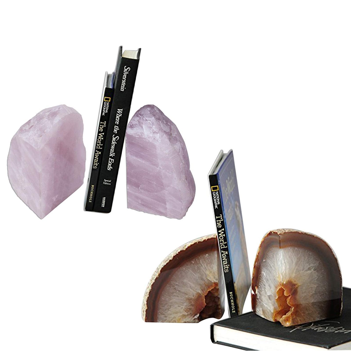AMOYSTONE Natural Agate Bookends 2-3 lbs & Rose Quartz Book Ends 3-4 lbs for Home Office
