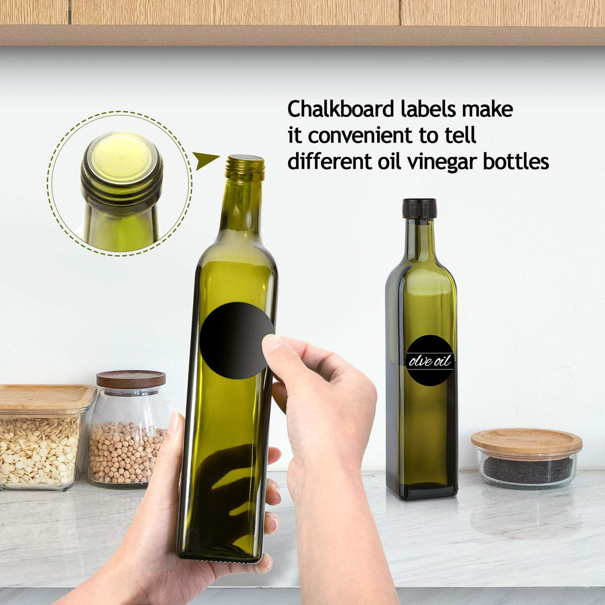 AOZITA Glass Olive Oil Dispenser Bottle Set - 500ml Dark Green Oil & Vinegar Cruet Bottle with Pourers, Funnel and Labels - Olive Oil Carafe Decanter for Kitchen, 17 Oz (Pack of 2)