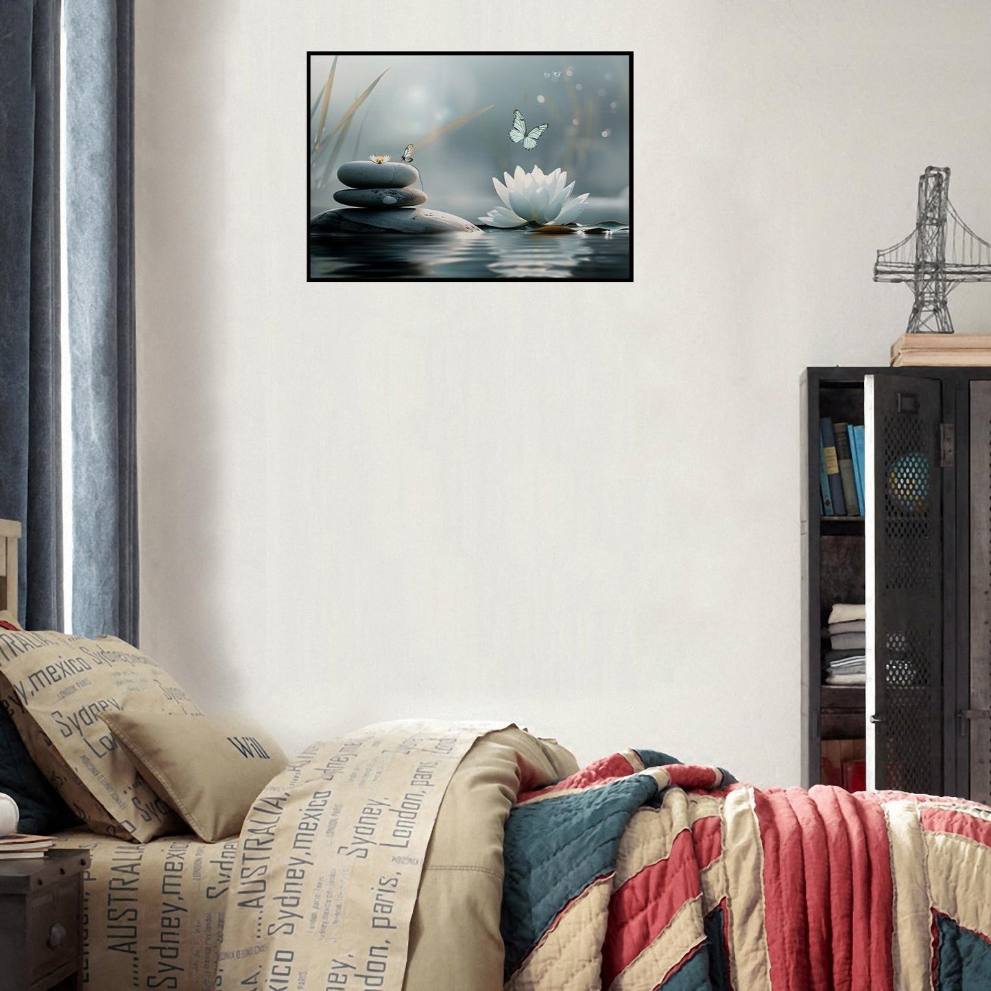 Floral Butterfly Lotus Canvas Wall Art Framed Painting Prints Posters Artwork Wall Decor Zen Spa Decor Spiritual Wall Art Yoga Meditation Room Zen Office Wall Decor 16x24 Inches