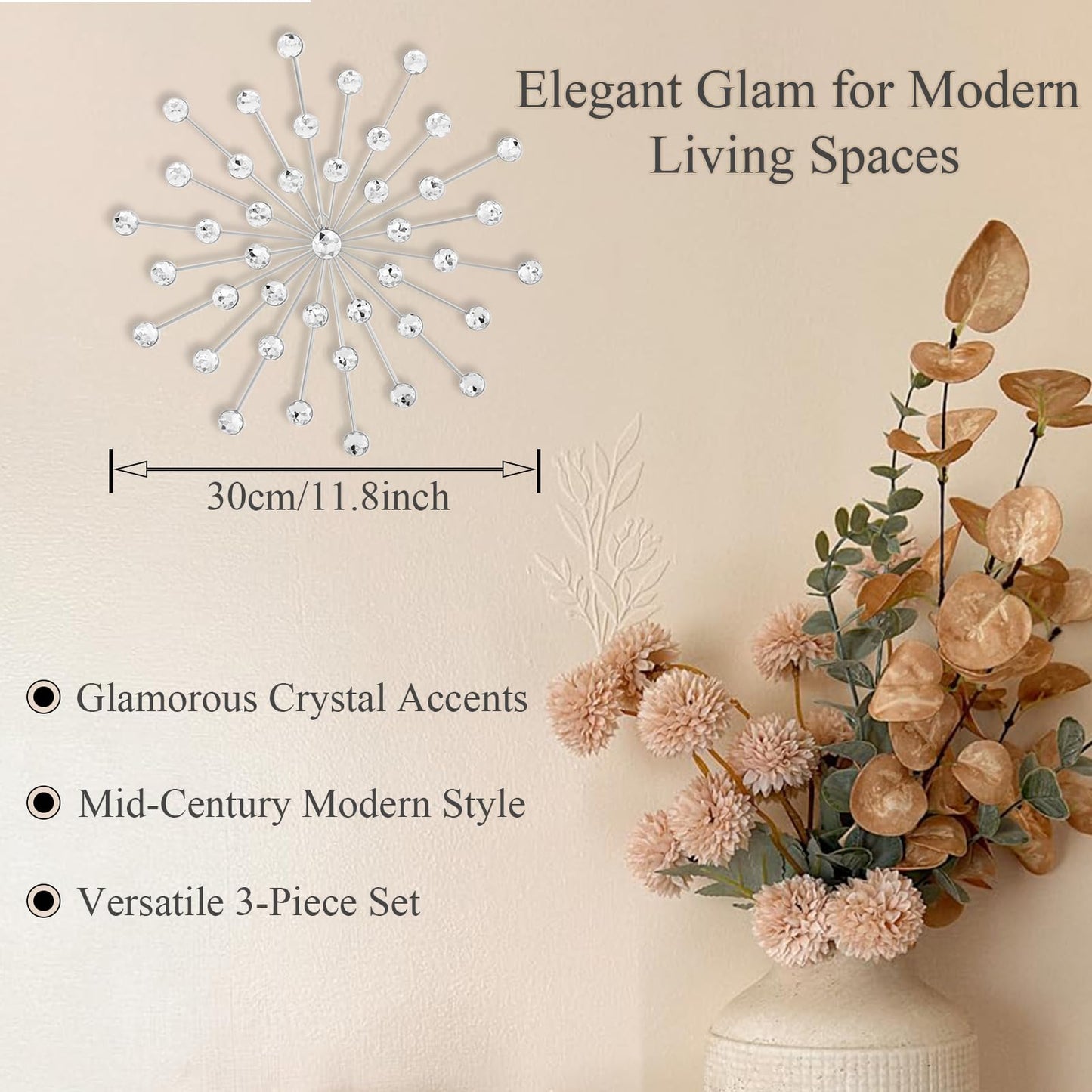 SIYIKRYP Set of 3 Crystal Sunburst Wall Decor – 11.8" Silver Metal Wall Art with Rhinestone Accents – Modern 3D Starburst Hanging Ornaments for Living Room, Bedroom, Office