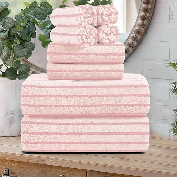 Oliven 8 Pcs Pink Cabana Stripe Large Bath Towels Set Oversized Bath Sheet-2