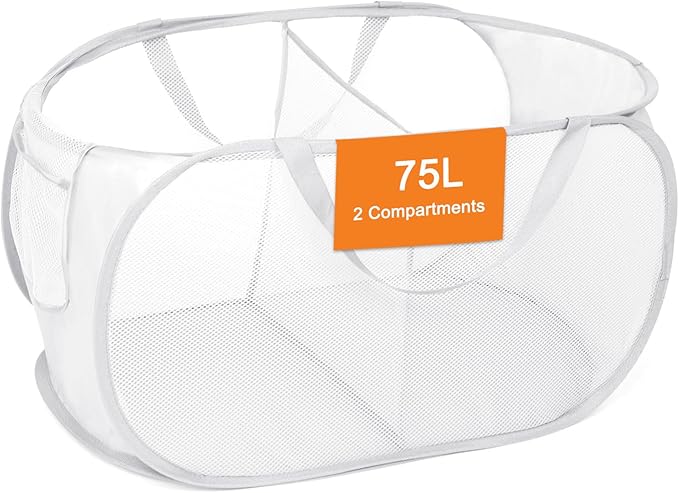 Durable Collapsible Foldable Mesh Pop Up Laundry Basket, 2 Compartments Easy to