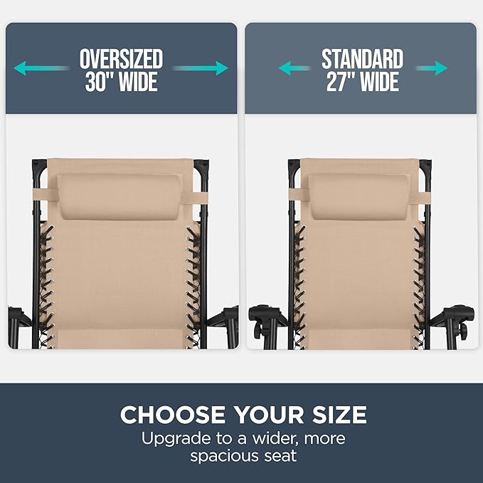 Best Choice Products 30” Wide Folding Zero Gravity Outdoor Recliner Patio Lounge Chair w/Adjustable Canopy Shade, Headrest, Side Accessory Tray - Beige