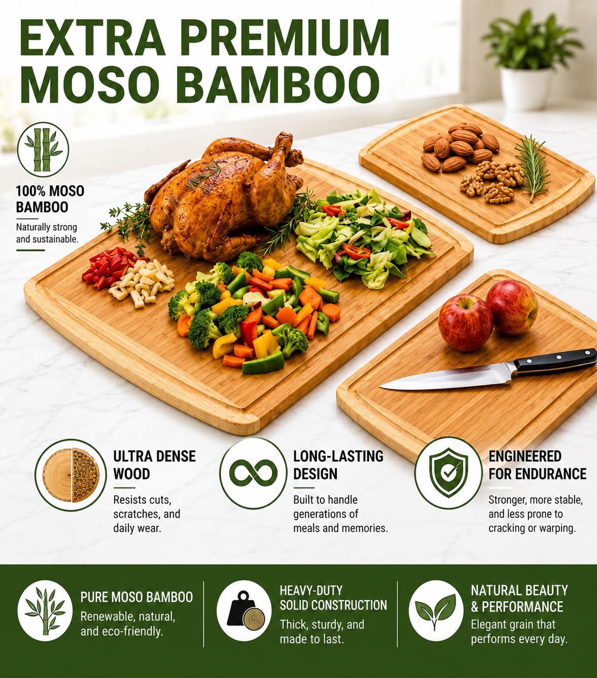 Greener Chef Luxury XL Bamboo Cutting Board Set of 3 with Vertical Grain Strength Technology - Extra Large Wood Cutting Boards for Kitchen and Lightweight Chopping Board Set - Replacements for Life