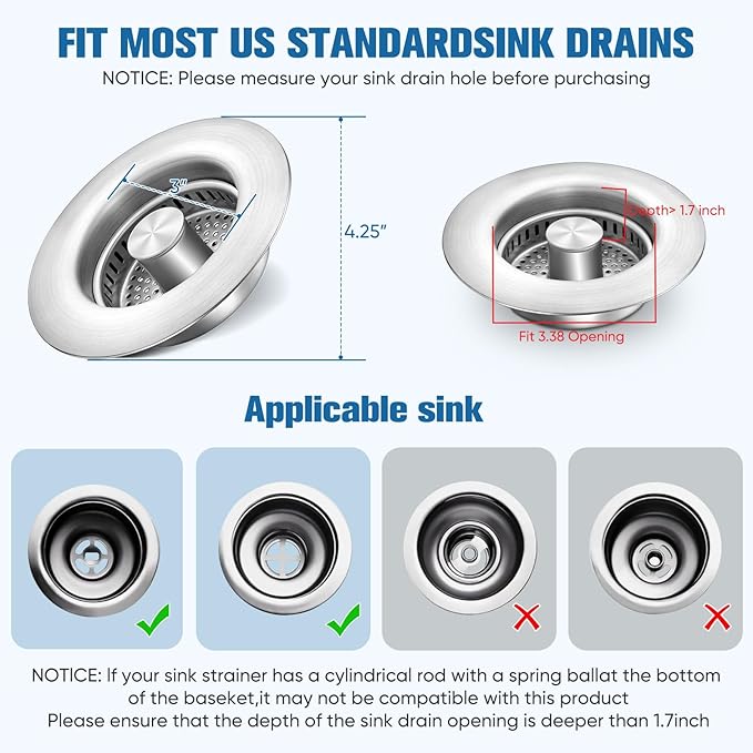 2 Pack Sink Drain Strainer Kitchen Sink Drain Strainer&Sink Stopper, Stainless