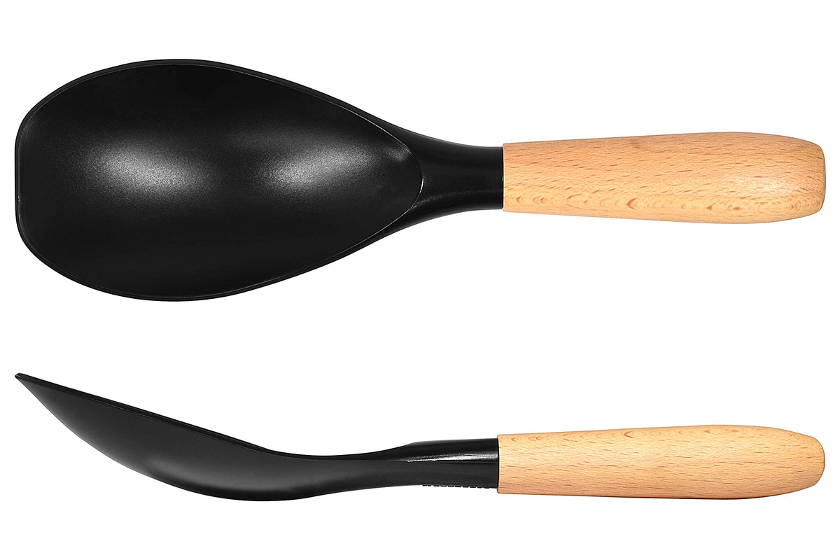 Seki Japan Stylish Kitchen Tool, Flexible Non Stick Heat Resistant Nylon Cooking Spoon, Wooden Handle Basting Spoon for Soup, Salad, Stirring, Mixing