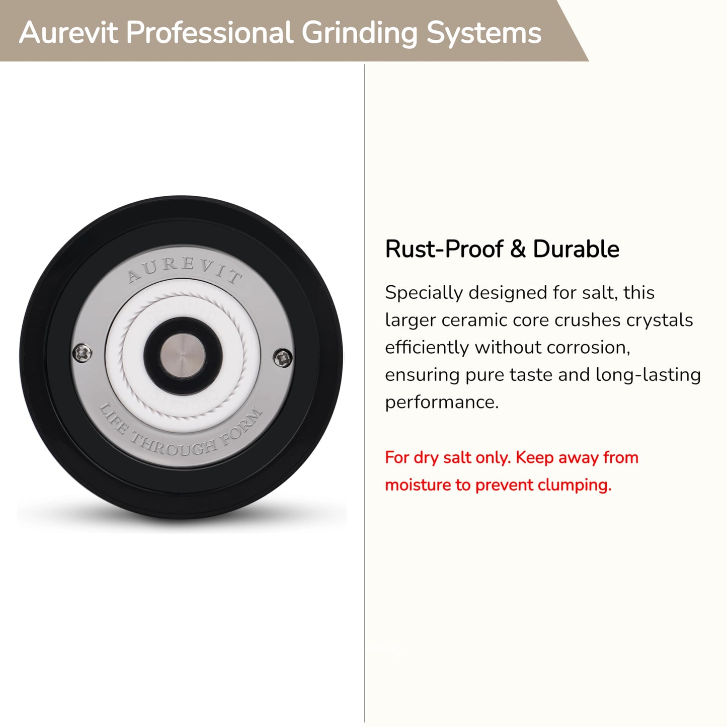 Aurevit Manual Salt Grinder, Single Salt Mill with Ceramic Grinding Core, External Adjustable Coarseness, Refillable, Durable Design (Buttercream)