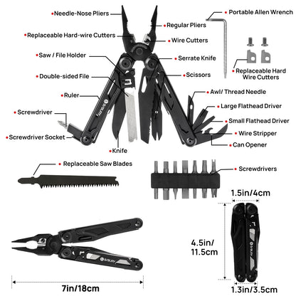BIBURY Multitool Pliers Pro BI2045AB, Stainless Steel Foldable Multi Tool with Upgraded Scissors and Screwdriver, Multitools with Replaceable Wire Cutters and Saw, Ideal for Camping,Fishing,Survival