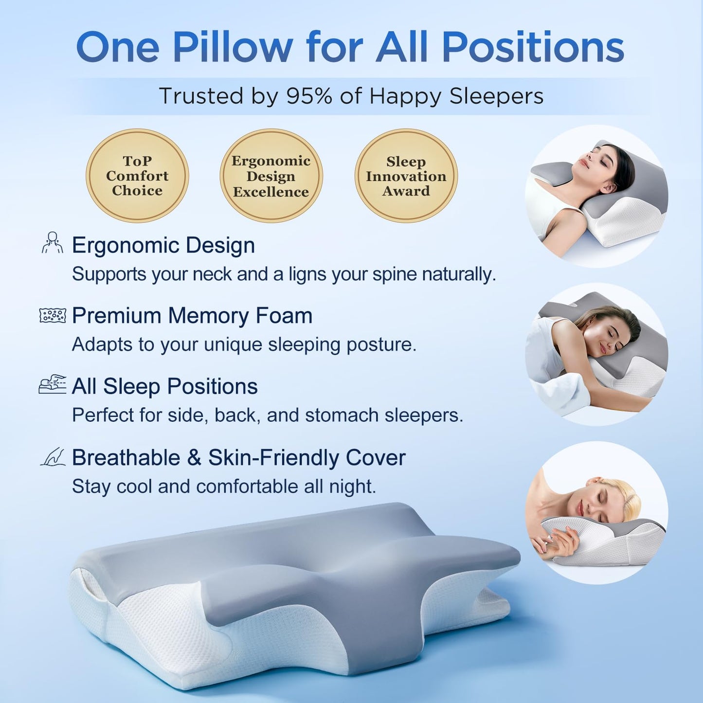 Effective Pain Relief Cervical Neck Pillow for Sleeping, Memory Foam Pillows for Neck Support, Odorless Contour Side Pillow, Ergonomic Bed Pillow for Back Stomach Sleeper (Grey and White)