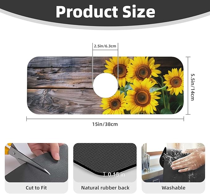 Kitchen Sink Splash Guard Faucet Mat Board Vintage Sunflowers 15"x5.5"