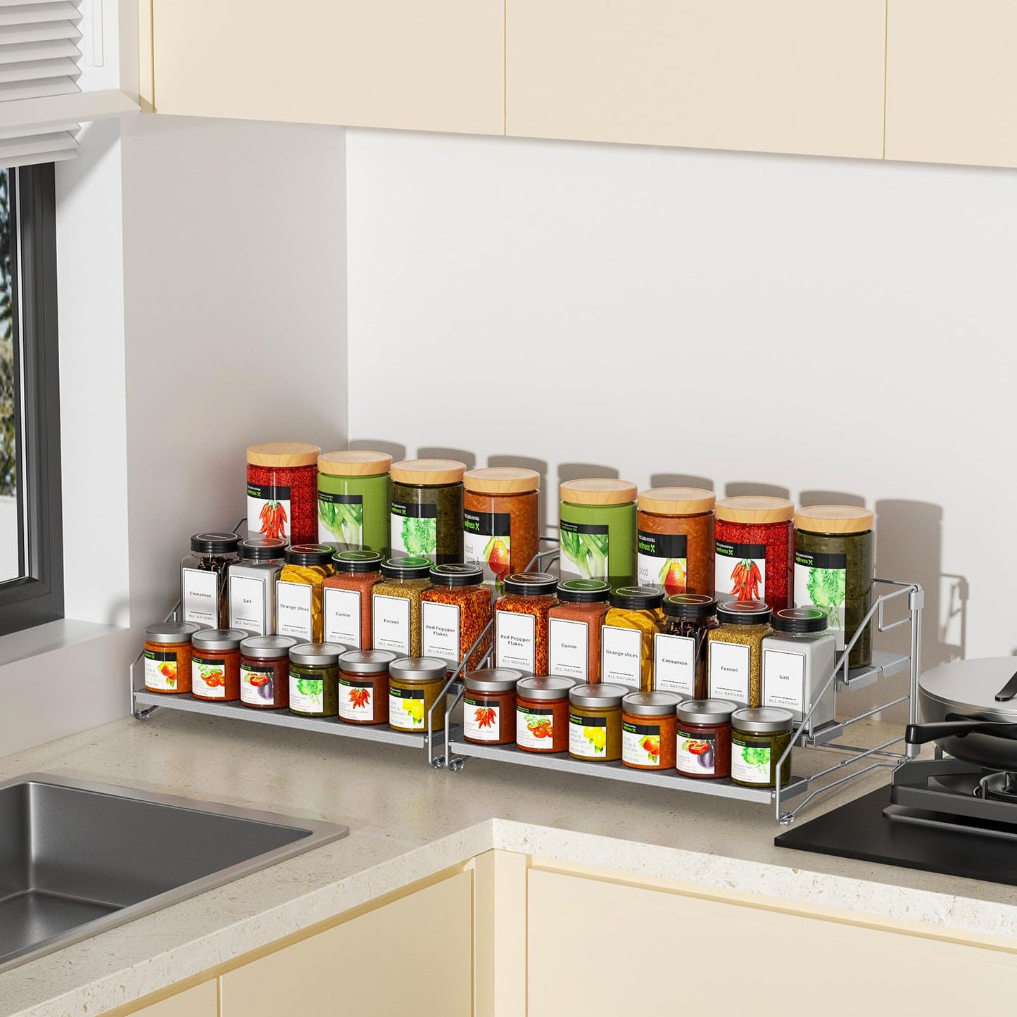4 Tier Spice Rack for Cabinet, Spice Rack Organizer, Depth Adjustable Spice Holder for Countertop, Cupboard, Pantry, Seasoning Shelf, Metal, Black (1 Pack)