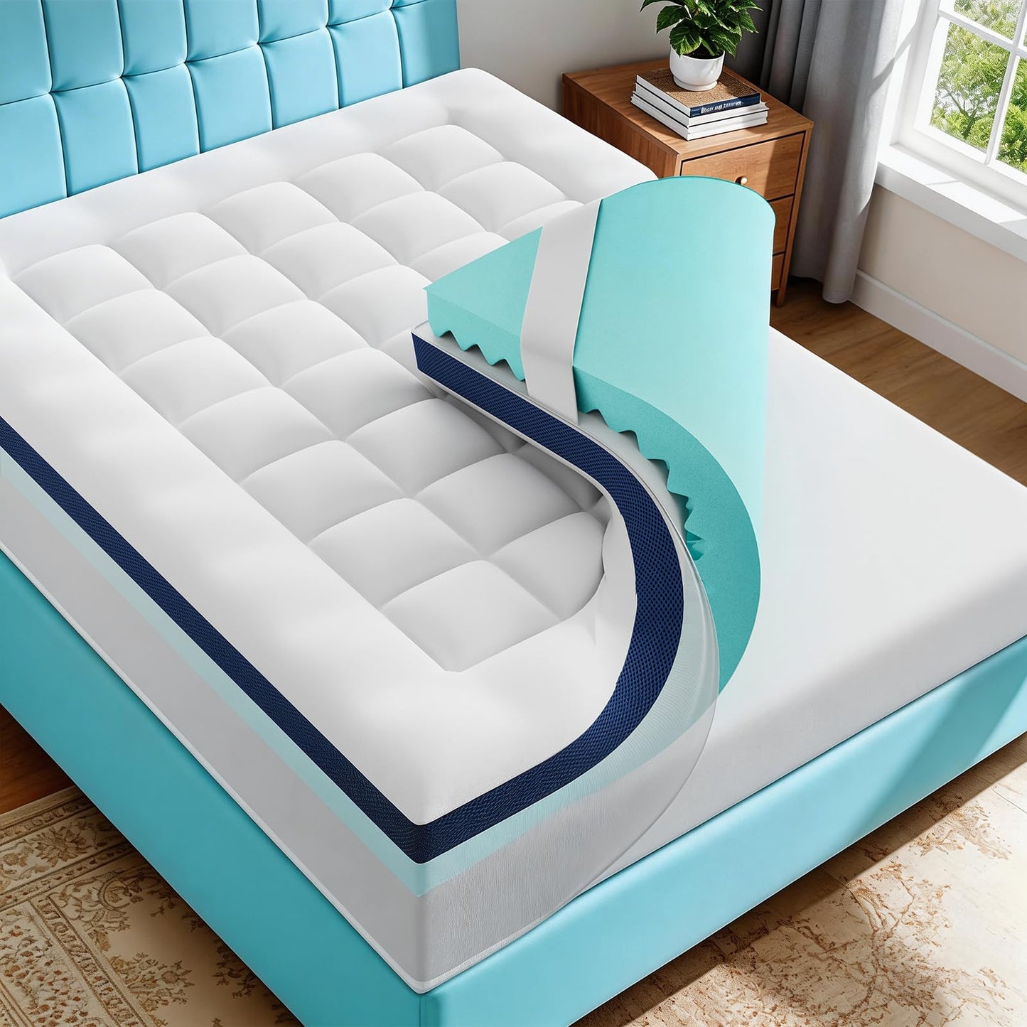 4 Inch Dual Layer Memory Foam Mattress Topper - 2 Inch 1000GSM Fluffy Soft Pillow Top Mattress Pad Cover and 2 Inch Cooling Gel Memory Foam for Back Pain Relief, with 8-21" Deep Pocket (Queen,60"x80")