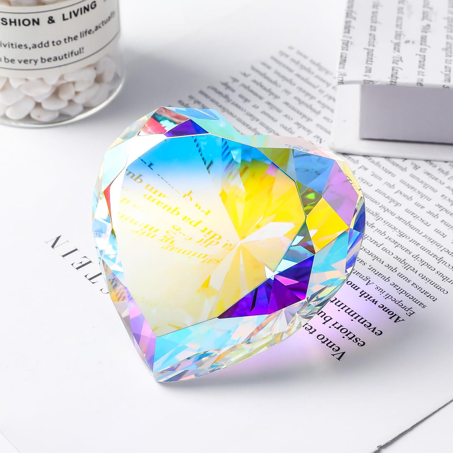 SWTHONY 90mm Crystal Diamond Paperweight Heart Shaped Glass Gems Big Fake Diamonds Paper Weights for Women Desk Wedding Centerpiece AB-Coated