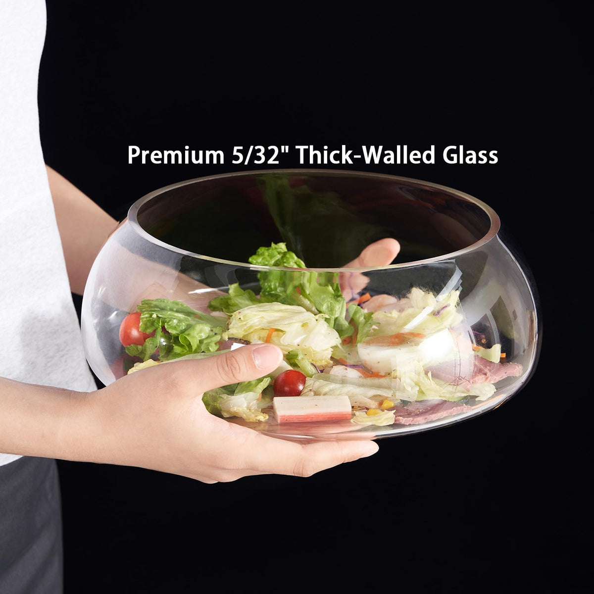 TREELF Large Glass Salad Bowl Set - 4.5 Quart Mixing Bowl With Acacia Wood Base And Serving Utensils, 5/32 Inch Extra Thick Wall, Decorative Fruit Bowl - Kitchen Must-Have