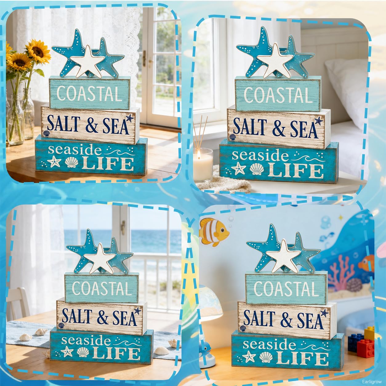 4 Pcs Summer Beach Table Decor Starfish & Seashell Coastal Nautical Wooden Block Signs, Rustic Farmhouse Tiered Tray Decorations for Home Bathroom Office Desk Shelf Mantel