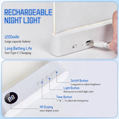 Book Light, Rechargeable Clear LED Flat Reading Light with 3 Colors & Timer, Dimmable Panel Plate Lamp Book Full Page Light for Reading in Bed at Night, for Women Readers Kids Book Lovers (White)
