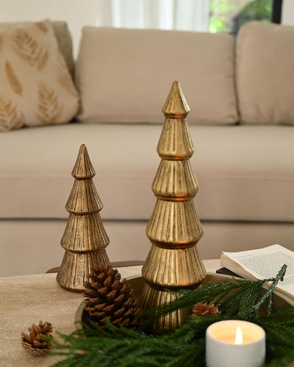 WONDROUS' DECO Christmas Tree Figurine Gold Wooden, Tree Figurines Decorative for Tabletop, Small Glittered Golden Xmas Trees Figurines for Christmas Mantle Indoor Decor