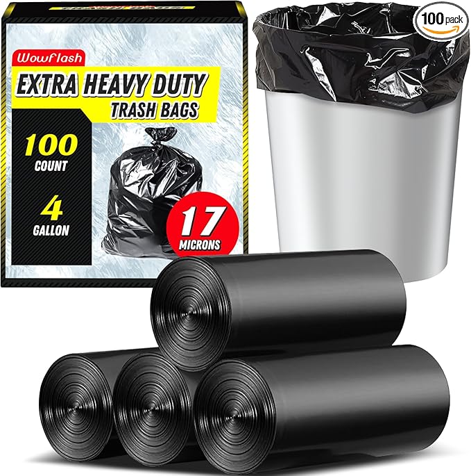 100 Count 17 Micron Extra Heavy Duty 4 Gallon Trash Bags, Sturdy &