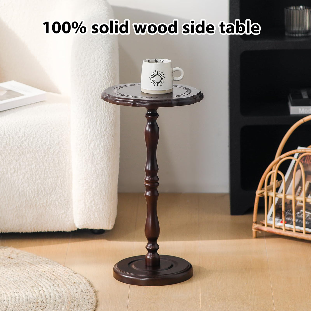 HuiDao 100% Solid Wood Round Side Table, Small Drink Table for Small Spaces, Modern End Table Accent Nightstand for Bedroom, Living Room, Corners and Office, Brown