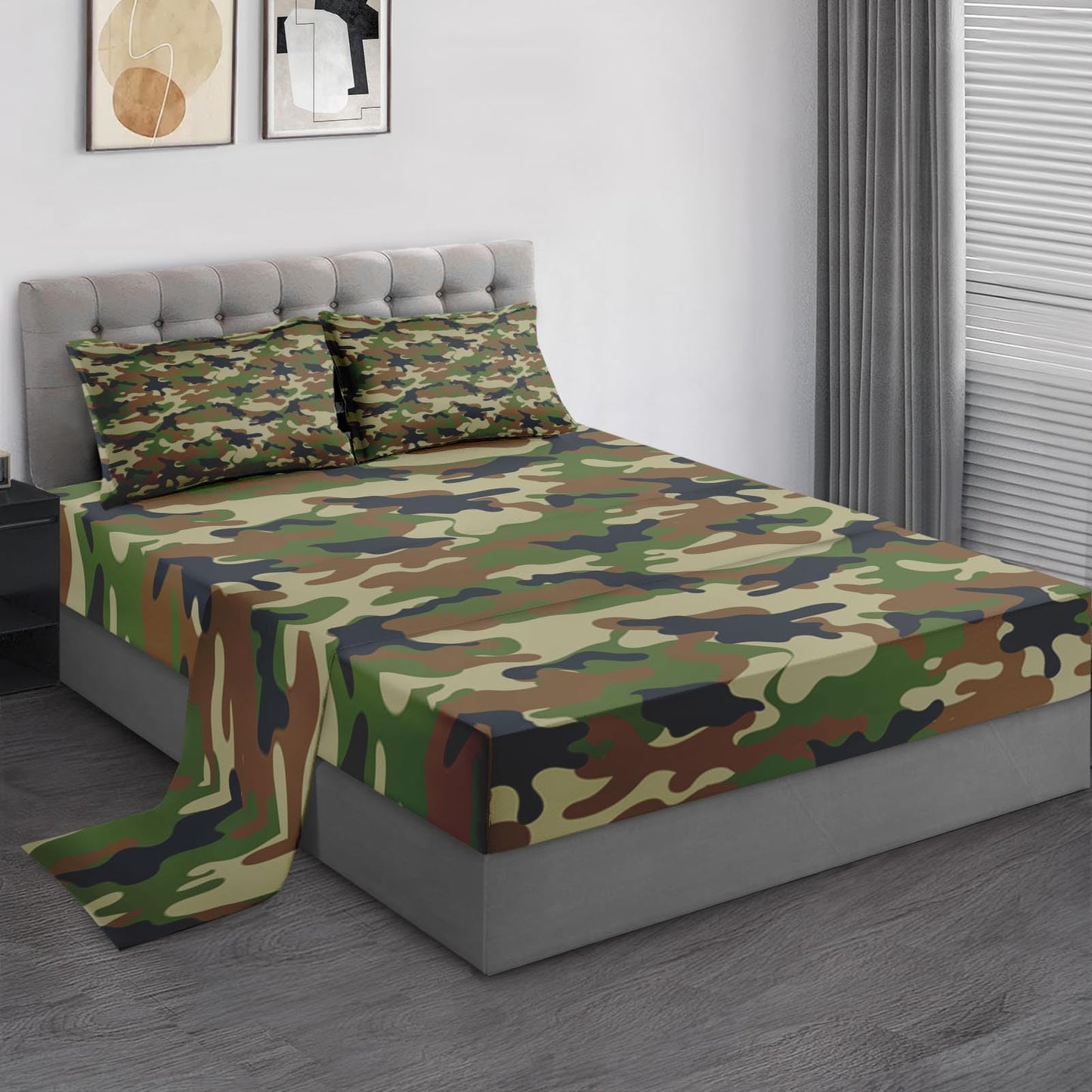 Pamnest Full Size Bed Sheet Sets, Camouflage Army Military Soft Microfiber 4 Pcs Bedding Sets for Kids and Adults Bedroom Bed Decor, Woodland Green Brown Camo Flat, Fitted Sheet and 2 Pillowcases