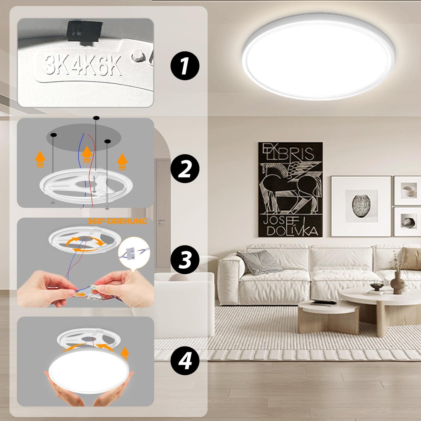 Yexati 30CM Bathroom Light 24W 3200LM 6000K/4000K/3000K IP54 Waterproof Ultra Thin Bathroom Lights Ceiling, Round Flush Ceiling Light for Kitchen Bedroom Toilet Porch Hallway Living Room Office