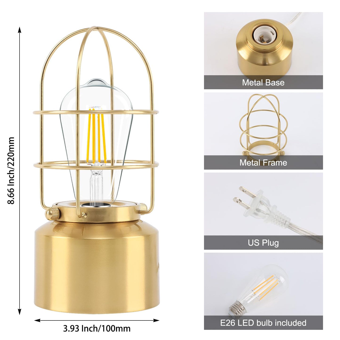 Haian Support Small Touch Gold Table Lamp for Small Spaces - 3 Way Dimmable Industrial Bedside Lamp - Steampunk Antique Nightstand Desk for Bedroom, Living Room (Bulb Included)