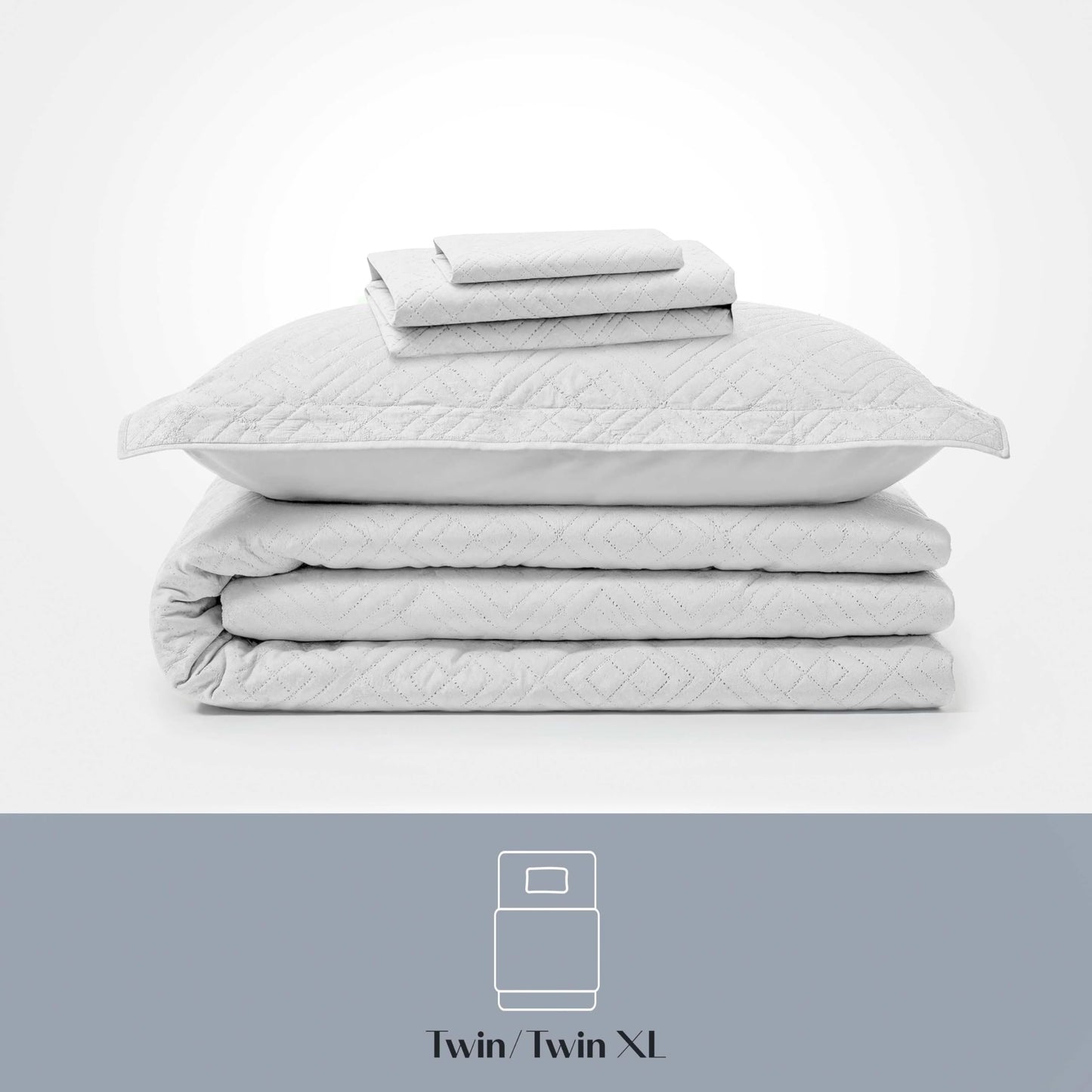 Clara Clark Quilts Twin Size - All Season Bedspread Coverlet Set, Pinsonic Weave Lightweight Bedding Set - 5 Piece Twin Quilt Set with Pillow Shams, White - Twin Diamond