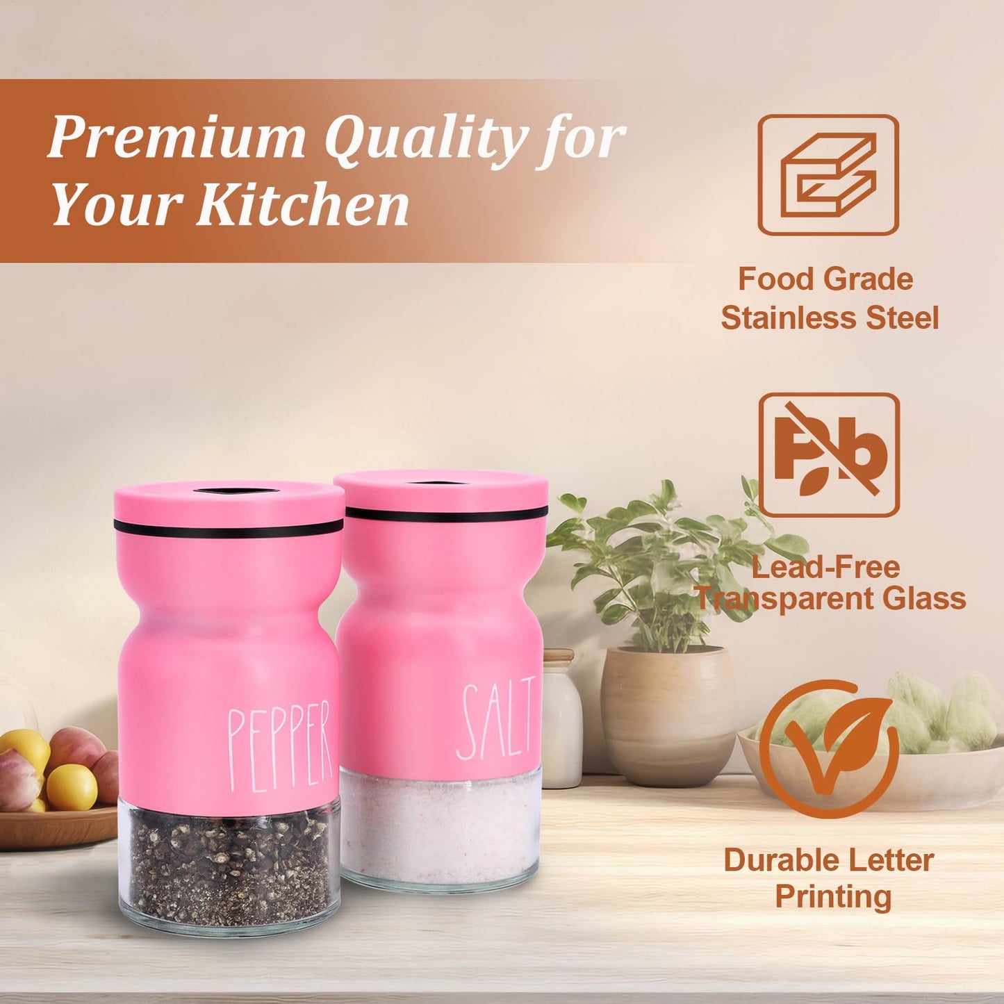 Pink Salt and Pepper Shakers Set, Cute Farmhouse Kitchen Decor for Home Restaurants Wedding, 4.5 oz Glass Salt Shaker with Adjustable Pour Holes