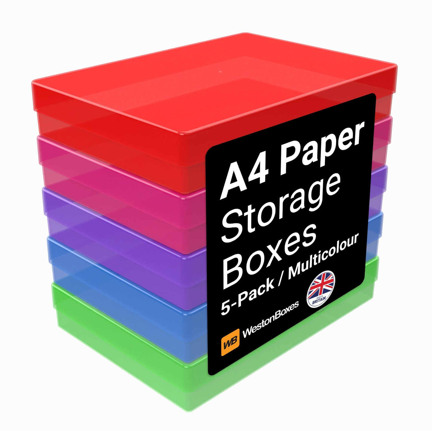 WestonBoxes A4 Colourful Transparent Plastic Craft Storage Boxes with Lids for Art Supplies, Paper and Card (Multicoloured/Transparent, Pack of 5)