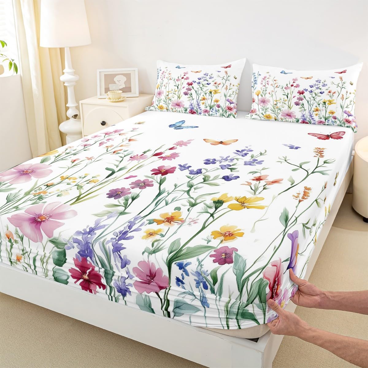 jejeloiu Butterfly Fitted Sheet with 1 Pillowcase Twin Size Cute Floral Bed Sheets Set 16" Deep Pocket Boys Girls Wildflower Flower Floral Bedding Butterflies Print Teens Bedroom Decor
