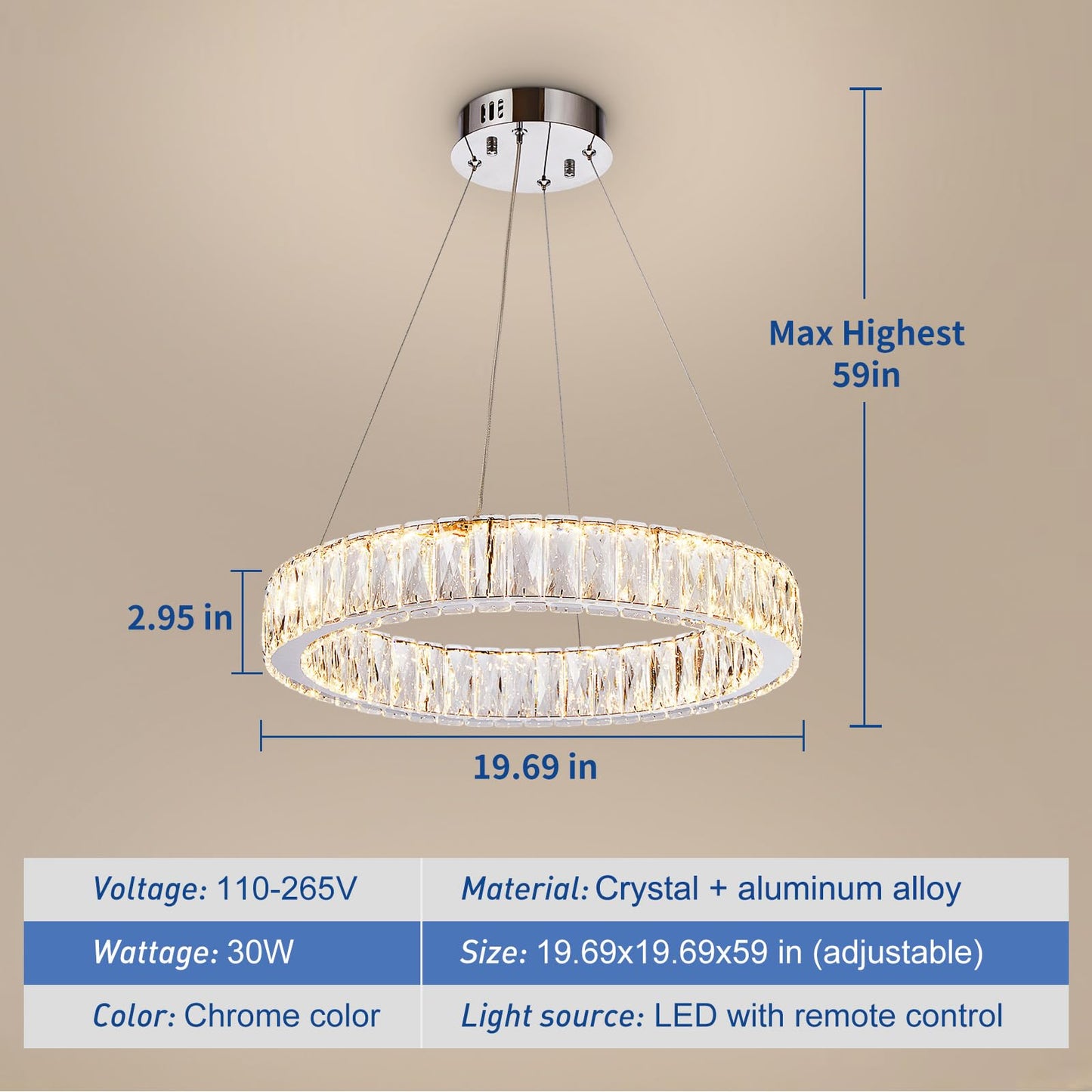 Depuley Modern LED Crystal Chandelier: 19.7" Ring Dimmable Pendant Light Adjustable for Dining Room - 30W Round Crystal Chandeliers for Bedroom Kitchen Over Table Living Room Porch Foyer
