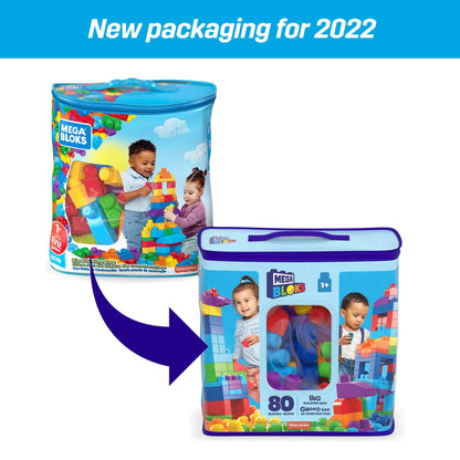 MEGA BLOKS Fisher-Price Toddler Block Toys, Big Building Bag with 80 Pieces and Storage, Blue, Gift Ideas for Kids Age 1+ Years, DCH63
