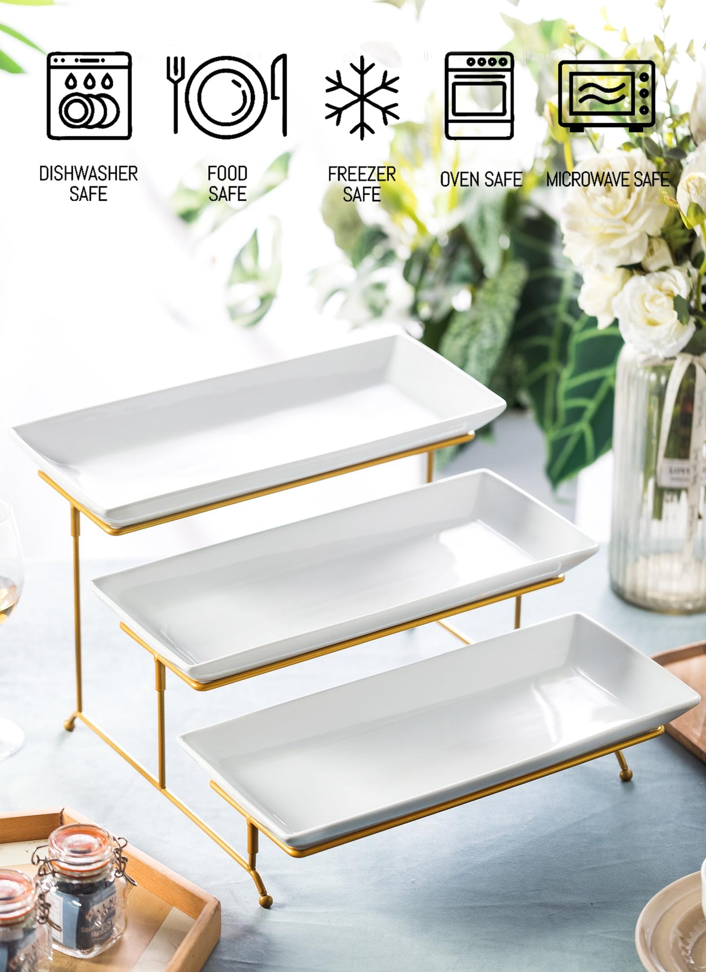 LYEOBOH 3 Tier Serving Stand and Platters Set Large Tiered Serving Platters with Collapsible Sturdier Rack 14 Inches Tiered Serving Tray for Appetizer Fruit, Dessert and Cupcake, White