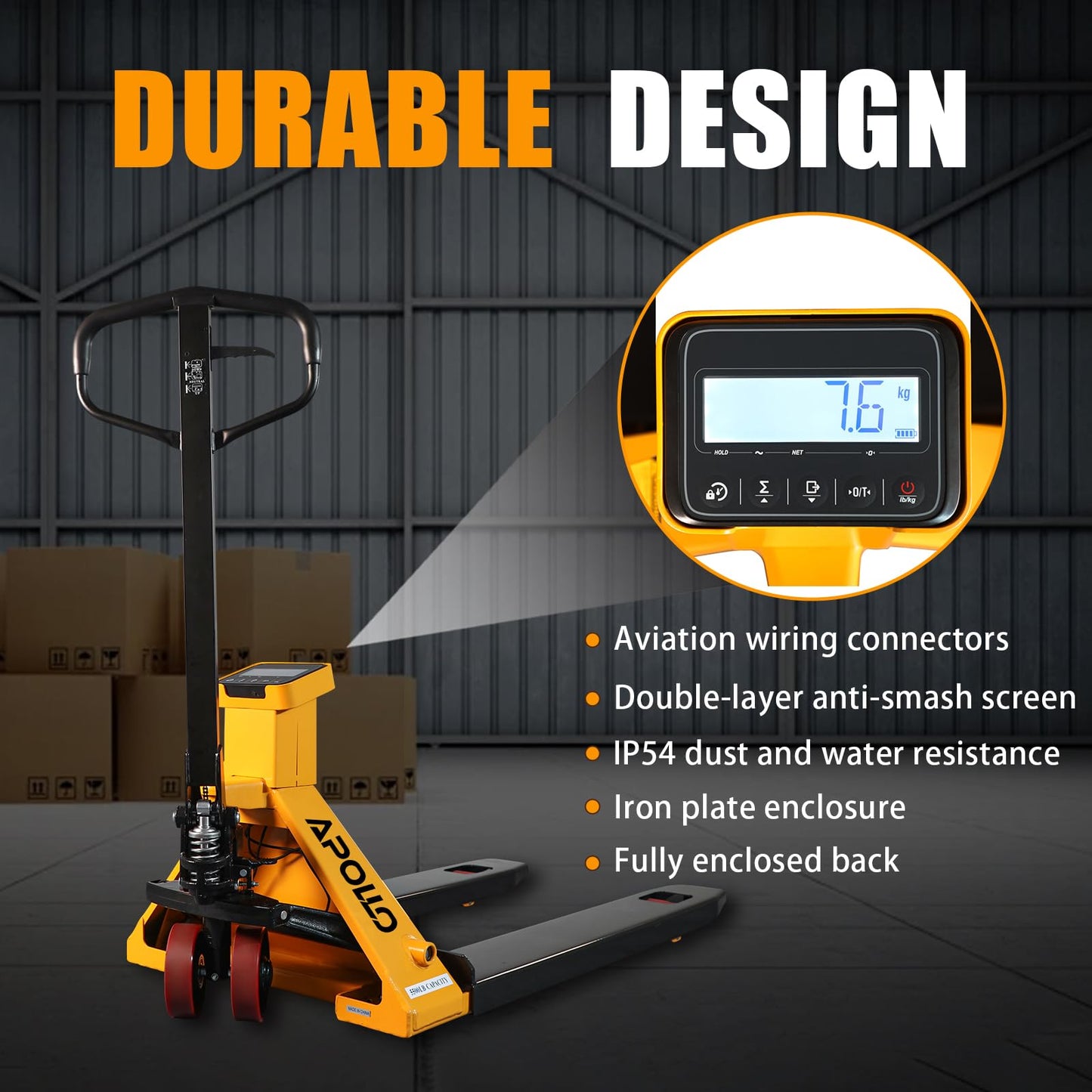 APOLLO Scale Pallet Jack 5500lbs Capacity, Lb/Kg Switchable Electronic Scale Manual Hand Truck, 0.1% Accurate, 45 x 27.7 Forks for Warehouse, Supermarket, Logistics Center