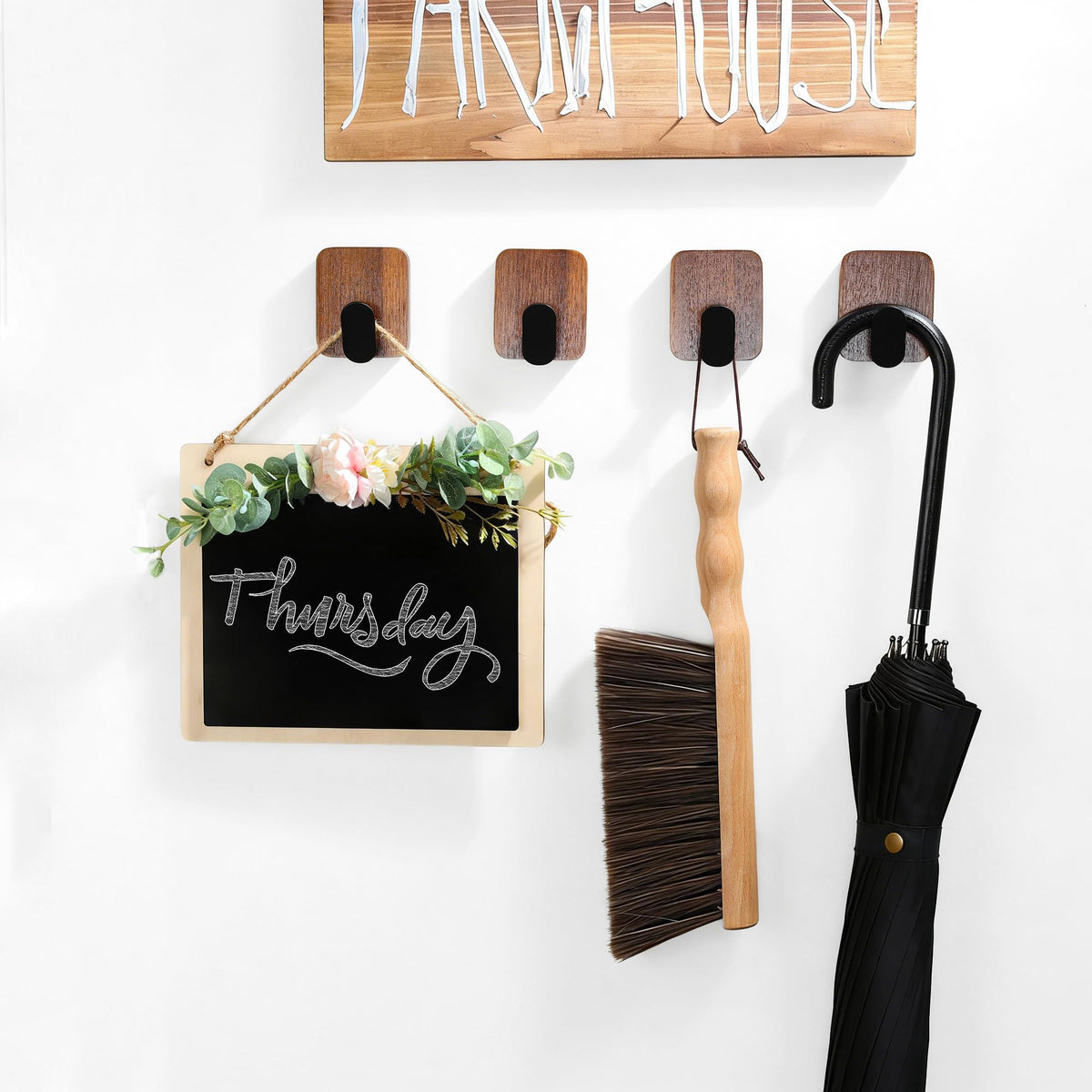 DELITON Wooden Wall Hooks, 4 Pack Acacia Adhesive Towel Hooks Sticky on Bathrooms, Kitchen, Entryway, Heavy Duty, Wall Decor