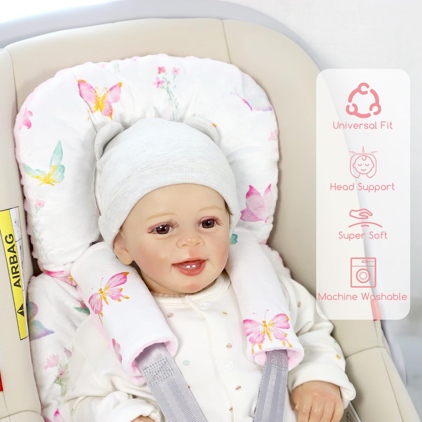 Infant Car Seat Insert for Newborn Girls Boys, Reversible Baby Carseat Head Support with Strap Pads, Soft Baby Car Seat Insert Cushion Pad for Stroller, Bouncer, Swing, High Chair, Pink Butterfly